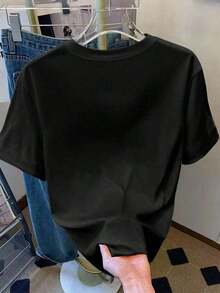 Camiseta de mujer de moda casual con cuello redondo y hombros caídos, camiseta con bordado de cereza, camiseta con bordado de toalla de cereza, camiseta casual y cómoda para exteriores, camiseta para todas las estaciones, camiseta con estampado de frutas - Negro 2 - Ver 2