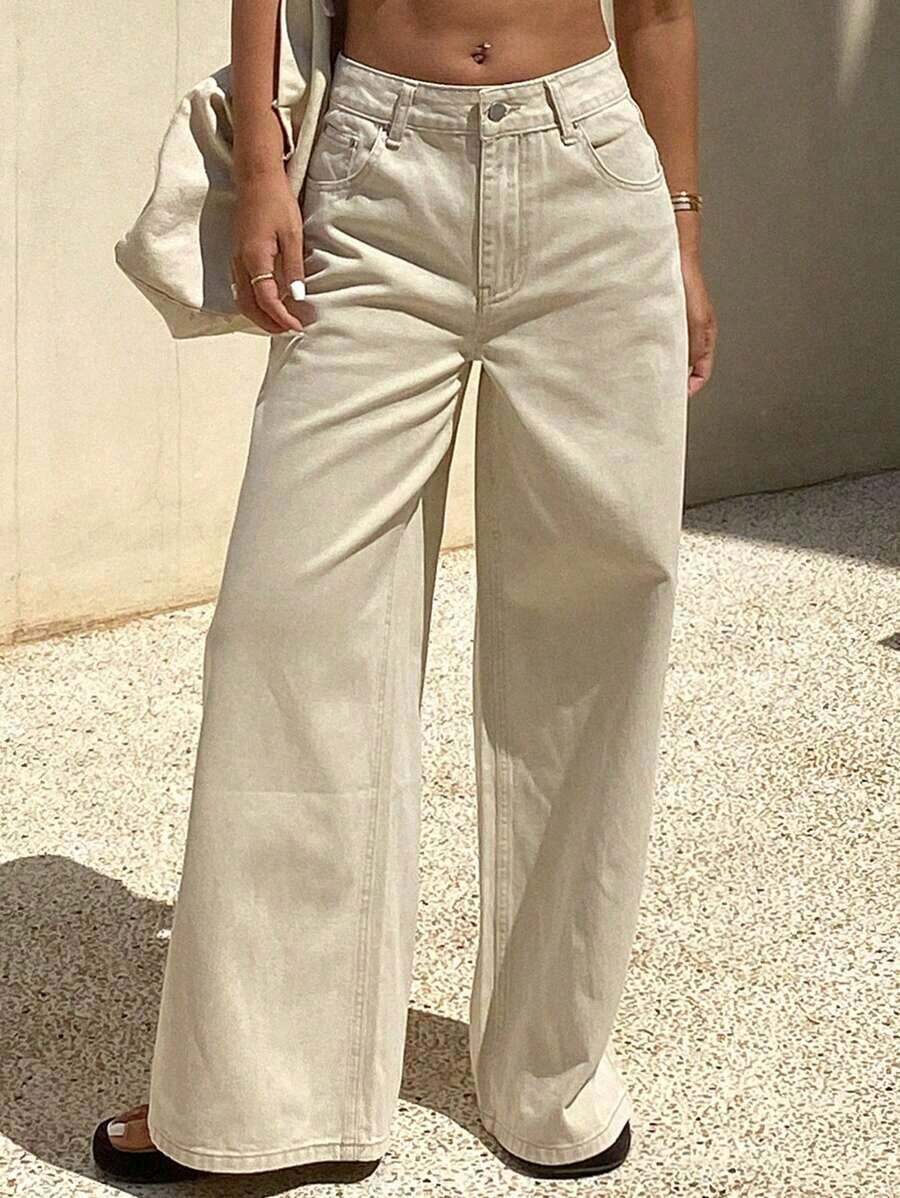 Jeans de mujer de unicolor de estilo casual de vacaciones/casual de negocios, nueva llegada de verano - Caqui - Ver 1