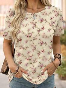 Blusa casual de cuello redondo con estampado floral, cómoda y adecuada para uso diario - Albaricoque - Ver 7