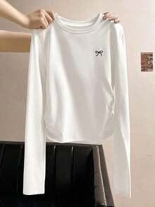 Camiseta casual de manga larga, cuello redondo, con estampado de lazo, color negro para mujer - Blanco - Ver 1
