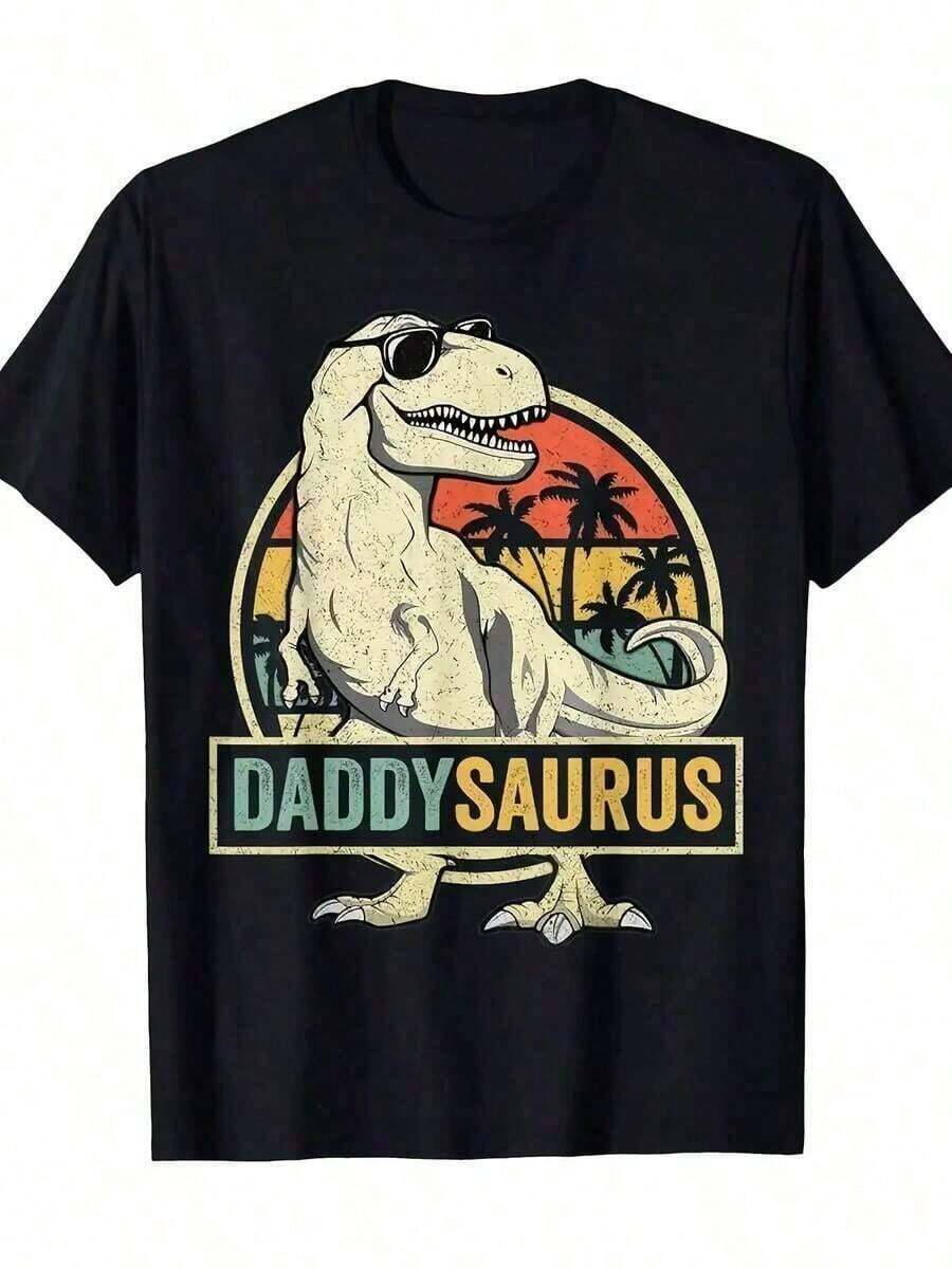 Camiseta Familiar Daddysaurus T-Rex Dinosaurio - Cuello Redondo Casual con Rex, Camiseta Lavable a Máquina - Negro - Ver 1