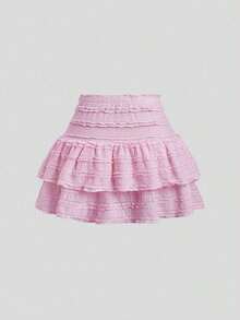 Falda mini casual y de resort Y2K con dobladillo de doble capa y ribete de volantes de unicolor - Rosado Sandía - Ver 2