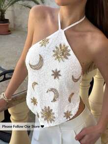 Top halter con espalda descubierta y lentejuelas sexy para mujer, atuendos de verano, ropa de verano, atuendos de playa para mujer, atuendos de vacaciones, atuendos bohemios tropicales de vacaciones para mujer, atuendos de concierto, atuendos de ra - Blanco 2 - Ver 2