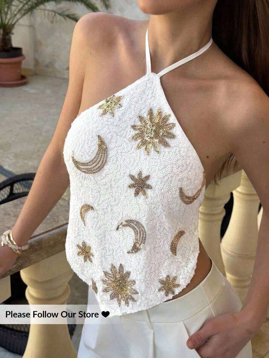 Top halter con espalda descubierta y lentejuelas sexy para mujer, ideal para verano, vacaciones en la playa, estilo bohemio, tropical, conciertos, festivales, country, Ibiza, Nashville, estilo occidental, boho, streetwear, gyaru - Blanco 2 - Ver 1