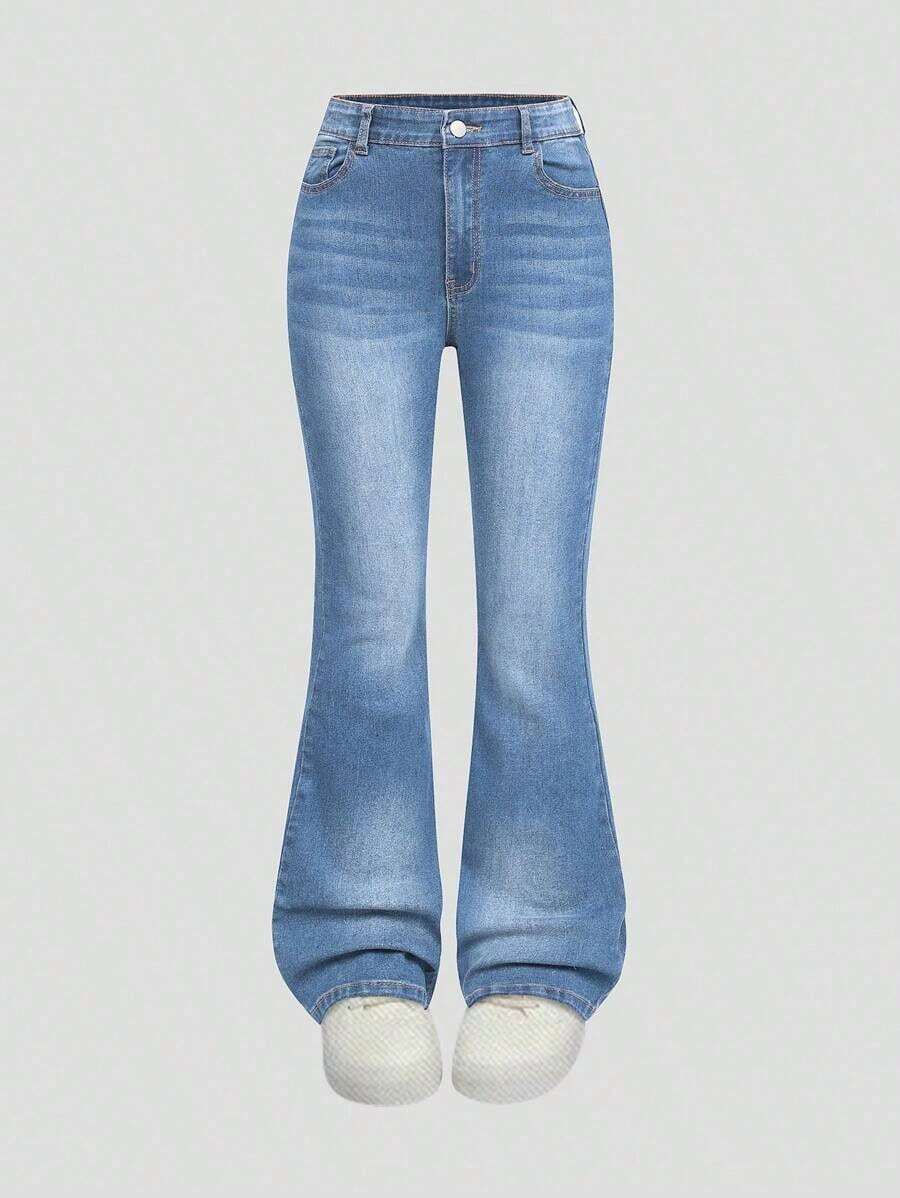Explorewe Jeans de mezclilla estilo Y2K versátiles lavados y desgastados con pierna acampanada y elásticos para niñas adolescentes - Azul lavado medio 4 - Ver 1
