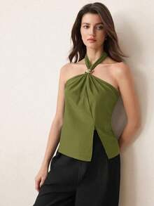Top con cuello de halter, diseño de botón de metal verde, abertura lateral, elegante y chic para uso urbano y diario, estilo romántico retro de los 90.Adecuado para Navidad, Año Nuevo, San Valentín, fiestas, playa, graduación, moda, carnaval, bod - Verde 2 - Ver 4