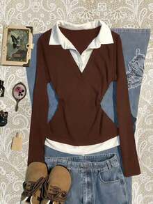 Blusa casual de manga larga con cuello de contraste y diseño 2 en 1 para mujer - Marrón - Ver 5