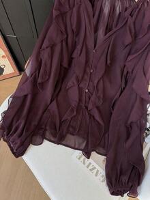 Camisa casual y elegante de mujer con mangas largas, diseño de volantes en capas y unicolor, adecuada para festivales de música/temporada de bodas, primavera/verano - Burdeos 2 - Ver 10