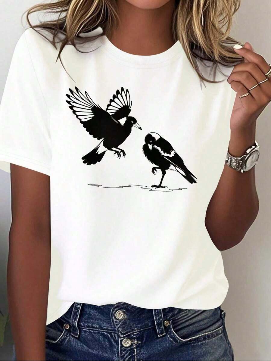 Solt 1 Piece Unisex Size. Women's Plus Size Summer Cotton T-Shirt. Women's Bird Australian Magpie Pure Graphic Print T-Shirt, Comfortable And Versatile, Casual Short Sleeves. Sweat-Wicking Material, Soft And Skin-Friendly. 100% Cotton With Graphic Print - 白色 1 - 查看 1