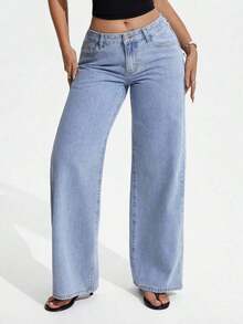 ICON Solid Color Wide Leg Pocket Jeans, Casual And Versatile - 淺色水洗 6 - 查看 1