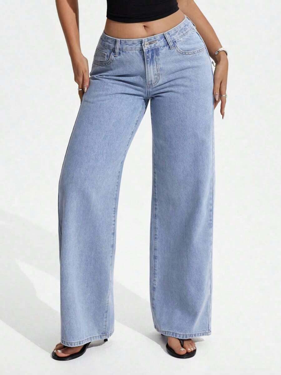 ICON Solid Color Wide Leg Pocket Jeans, Casual And Versatile - 淺色水洗 6 - 查看 1