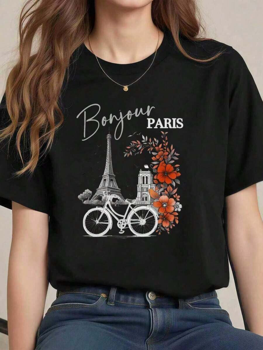 Fashion Printed T‑Shirts for Women, Oversized Streetwear Tops, Comfortable and Stylish All‑Match Summer TeesCamiseta gráfica de la Torre Eiffel de París, primavera,  algodón, estampado llamativo, informal, transpirable - Negro - Ver 1