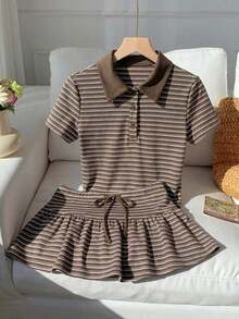 Conjunto de 2 piezas de camiseta de manga corta a rayas y minifalda de moda casual para mujer, primavera/verano 2026.Ropa de mujer de verano, conjunto de playa para el Día de San Valentín, estilo Y2K en color rosa claro - Marrón - Ver 8