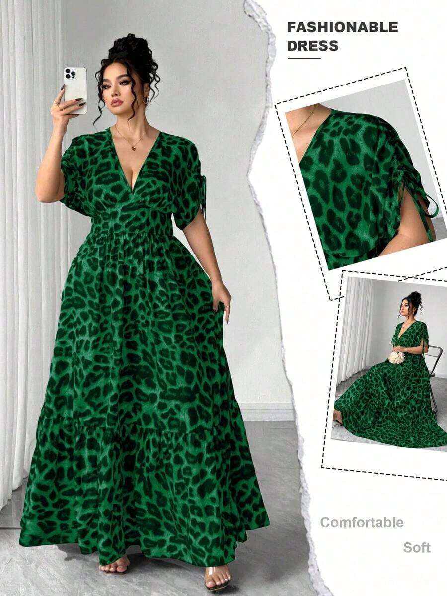 Elenzya Vestido maxi elegante de talla grande para mujer con cuello en V, estampado de leopardo, manga corta fruncida y falda acampanada - Verde Oscuro - Ver 1