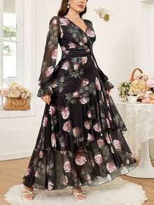 Reflora Nuevo vestido largo de mujer de talla grande con estampado floral, volantes en el bajo, cintura ceñida y alta elasticidad, vestido de otoño, vestido con volantes, vestido floral - Multicolor - Ver 7
