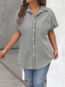 Vionelle Blusa casual de talla grande para mujer con estampado de rayas azul y blanco, de manga corta y abotonada, para el verano - Negro - Ver 5