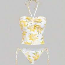 MOD 2pcs/Set Halter Neck Ruffled Floral Print Top With Side Tie Triangle Bottom Swimsuit,Tank Tops, Cute, Kawaii - Amarillo - Ver 1