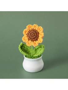 1 pièce/3 pièces Tournesol fait main au crochet, fleur artificielle tricotée, plante de tournesol en pot en bois, convient pour la voiture, le bureau, la salle d'étude, l'anniversaire, la chambre, le cadeau de décoration de la maison, la décoration de Noël créative d'hiver - tournesol - Voir 5