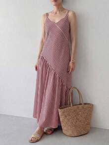 Vestido casual de mujer con tirantes finos y rayas - Rojo y blanco - Ver 3
