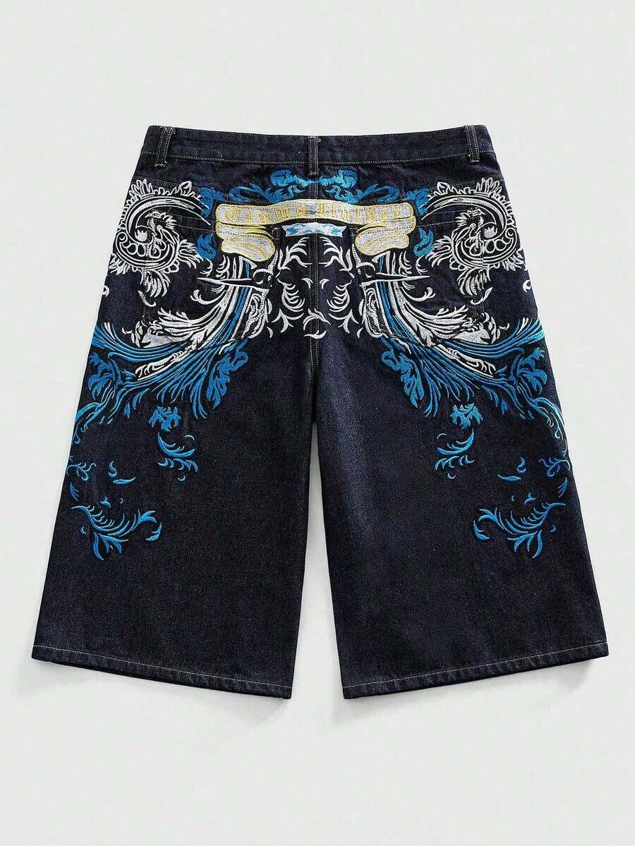ROMWE MEN Street Life Pantalones cortos de mezclilla con doble cintura y bordado para hombres - Negro 2 - Ver 1