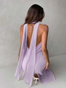 Vestido de mujer con cuello drapeado, línea A y espalda descubierta en color amarillo fluido - Púrpura malva - Ver 5