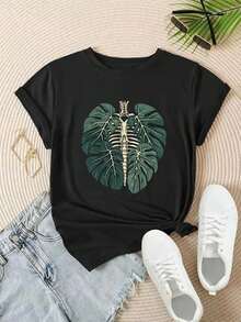 Vintage T-Shirts: 1 Piece Of Women's Short Sleeve T-Shirt - Geometric Monstera And Bone Print In Black, Loose Round Neck, Casual Top For All Seasons, Machine Washable, Mother's Day Gift, Durable Non-Stretch T-Shirt, Casual Wear, Stylish T-Shirt, Lightweight Fabric, 100% Cotton Printed T-Shirt. - 黑色 - 查看 6