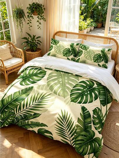 2/3pcs Green Leaf Print Bedding Set, Soft Comfortable Breathable, Suitable For Spring & Summer, Fits Twin/Full/Queen/King Size Bed, Machine Washable, 1pc Duvet Cover + 1/2pcs Pillow Sham (Comforter Not Included)