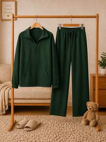 Ladies Half Zip Pullover + Wide Leg Trousers Set Casual Suelto y Cómodo - Gris - Ver 1