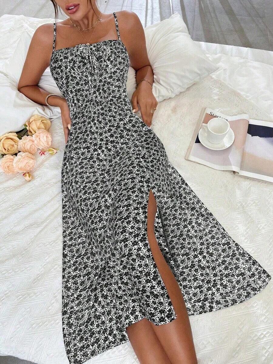 Vestido largo con estampado floral diminuto y abertura lateral para mujer - Blanco y Negro - Ver 1