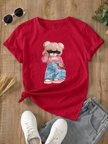 Women's Oversized Brown T-Shirt With  Bear Print. Loose-Fitting Round Neck T-Shirt With A Pink Bear Wearing Glasses. Casual Short-Sleeved T-Shirt With A  Bear, Chic And Youthful Style. - YH484-紅色 - 查看 2