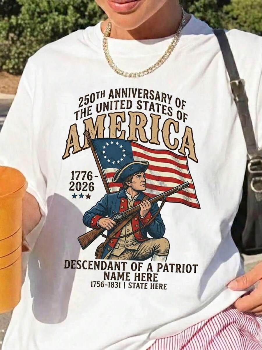 Camiseta personalizada Descendiente del Patriota, Camiseta del 250 Aniversario, Camiseta Histórica, Regalo de la Revolución Americana. Camiseta unisex de algodón puro de 220 g, peso ideal para todas las estaciones, adecuada tanto para hombres como para mujeres. Tejido duradero de alta calidad, suave al tacto y de larga duración. Parte superior transpirable. Adecuada para la primavera y el verano de las mujeres, vacaciones, Día de la Madre, Día de la Independencia. - Blanco - Ver 1
