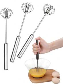 1pc Stainless Steel Hand Mixer, Semi-Automatic Press & Rotate Whisk, Suitable For Cooking, Baking, Kitchen Tools, Kitchen Supplies, Kitchen Accessories, Restaurant & Kitchen Utensils - Silver - View 5