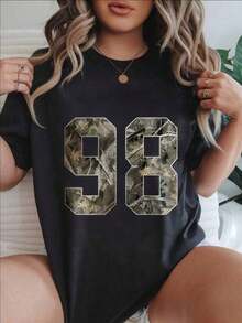 Camiseta Casual de Mujer con Estampado de Camuflaje Vintage Número Noventa y Ocho, Adecuada para Todas las Temporadas  
 BlackFashion - Negro - Ver 7