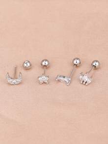 4 pezzi Nuovi orecchini a perno di moda con luna & fiori per donne, orecchini ipoallergenici con chiusura a vite per cartilagine, gioielli per orecchie forate regalo per ragazze - 1-Argento-4 pezzi - Visualizzare 4