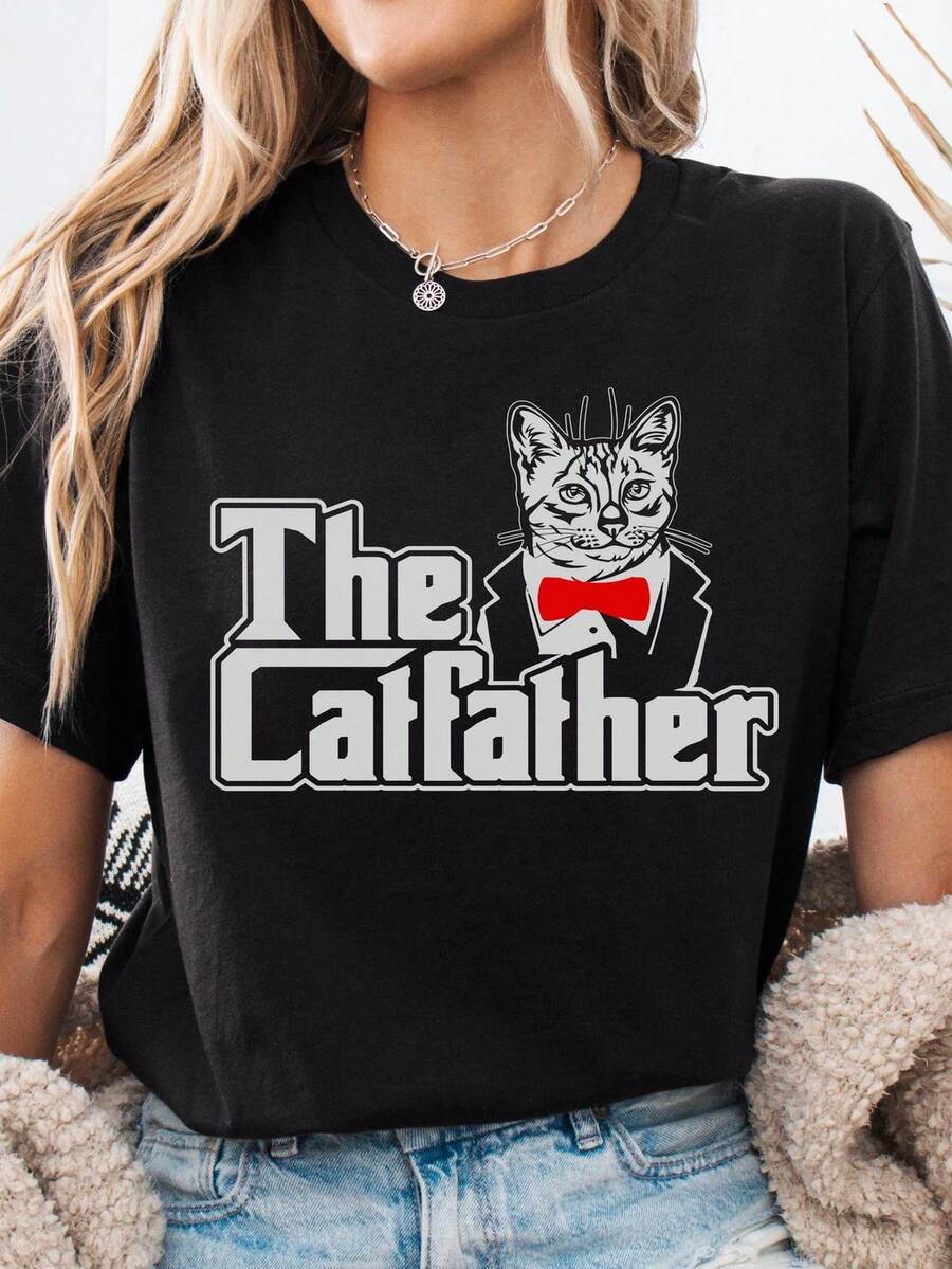Camiseta para hombre "The Catfather", regalo divertido para dueños de gatos, camiseta "The Catfather", regalo para el Día del Padre, cumpleaños del padre, papá de gatos, regalo para amantes de los gatos. Camiseta unisex de algodón puro de 220 g, peso ideal para todas las estaciones, adecuada tanto para hombres como para mujeres. Tejido duradero de alta calidad, suave al tacto y de larga duración. Parte superior transpirable. Adecuada para mujeres en primavera y verano, vacaciones, Día de la Madre, Día de la Independencia. - Negro - Ver 1