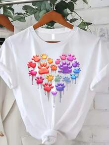 Camiseta de Talla con Cuello Redondo% Estampadoíris Colorido y Huella Pata, Camisa Plus Size para Amantes Mascotas - Top Casual Corto Verano/Primavera Ropaje Femenino Día Madre / Memorial Day Juneteenth 0XL-4XL ¡Ahorra Ahora! - Blanco - Ver 7