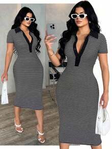 Vestido polo de manga corta a rayas blanco y negro de estilo minimalista y casual para ir al trabajo, vestido de punto de media longitud con ajuste ceñido y gran elasticidad, vestido elegante francés - Negro - Ver 7
