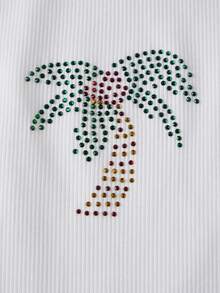 Women's Summer Tank Tops Elegant Rhinestone Palm Tree Decor Sleeveless Round Neck Ribbed Vest For Beach Daily Wear - White - View 9