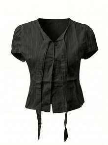 Camiseta de manga corta con mangas de pétalos de encaje, estilo dulce y encantador, ajuste delgado al estilo coreano para primavera/verano en color negro - Negro - Ver 6