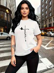Women's T-Shirt, Plus Size, "Faith" Design Combining Christian Cross And Butterfly Prints, Modern And Simple, Round Neck, Casual, Versatile, Short Sleeve, Suitable For Daily Wear, Travel, Vacation And Other Occasions 915 (Pants Not Included) Women's T-Shirts - 白色 - 查看 5