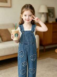 Bộ áo liền quần denim ống đứng màu xanh dương xếp bèo họa tiết trái tim dễ thương, thời trang cho bé gái mùa hè - Màu xanh lam - Xem 2