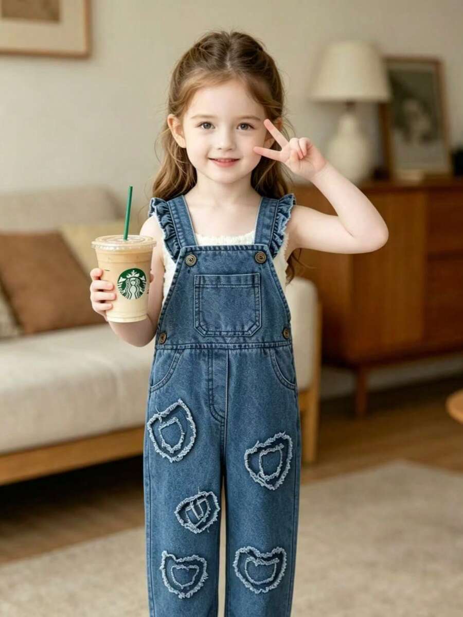 Bộ áo liền quần denim ống đứng màu xanh dương xếp bèo họa tiết trái tim dễ thương, thời trang cho bé gái mùa hè - Màu xanh lam - Xem 1