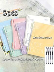 5pcs Set, Includes 1 Spiral Notebook + 4 Pens, A5 Spiral Bound Notebook 60 Sheets/120 Pages - Thick & Colorful Coded Pages - Suitable For University, Diary, Note Taking - Multicolor - View 1