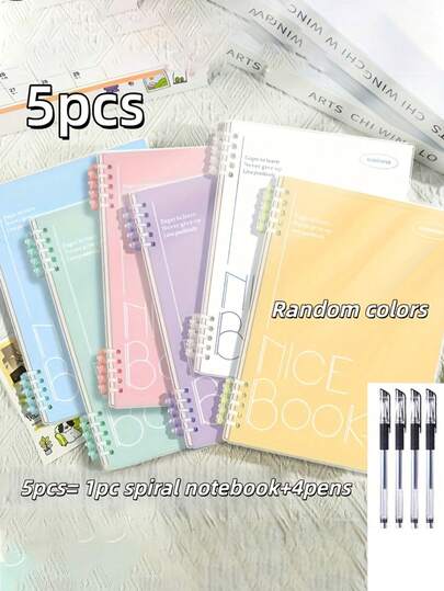 5pcs Set, Includes 1 Spiral Notebook + 4 Pens, A5 Spiral Bound Notebook 60 Sheets/120 Pages - Thick & Colorful Coded Pages - Suitable For University, Diary, Note Taking