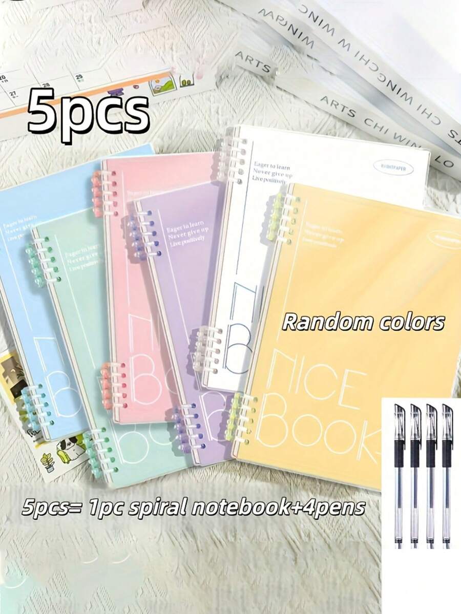 5pcs Set, Includes 1 Spiral Notebook + 4 Pens, A5 Spiral Bound Notebook 60 Sheets/120 Pages - Thick & Colorful Coded Pages - Suitable For University, Diary, Note Taking - Multicolor - View 1