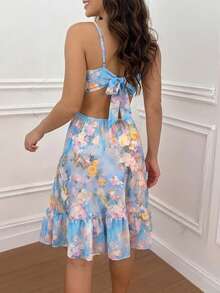 ChicMe Women's Tropical Print Hollow Out Waist Tie Camisole Dress, Tie-Up Short Dress For Holiday, Party, Fashion Elegant Vacation Summer - Light Wash - View 2