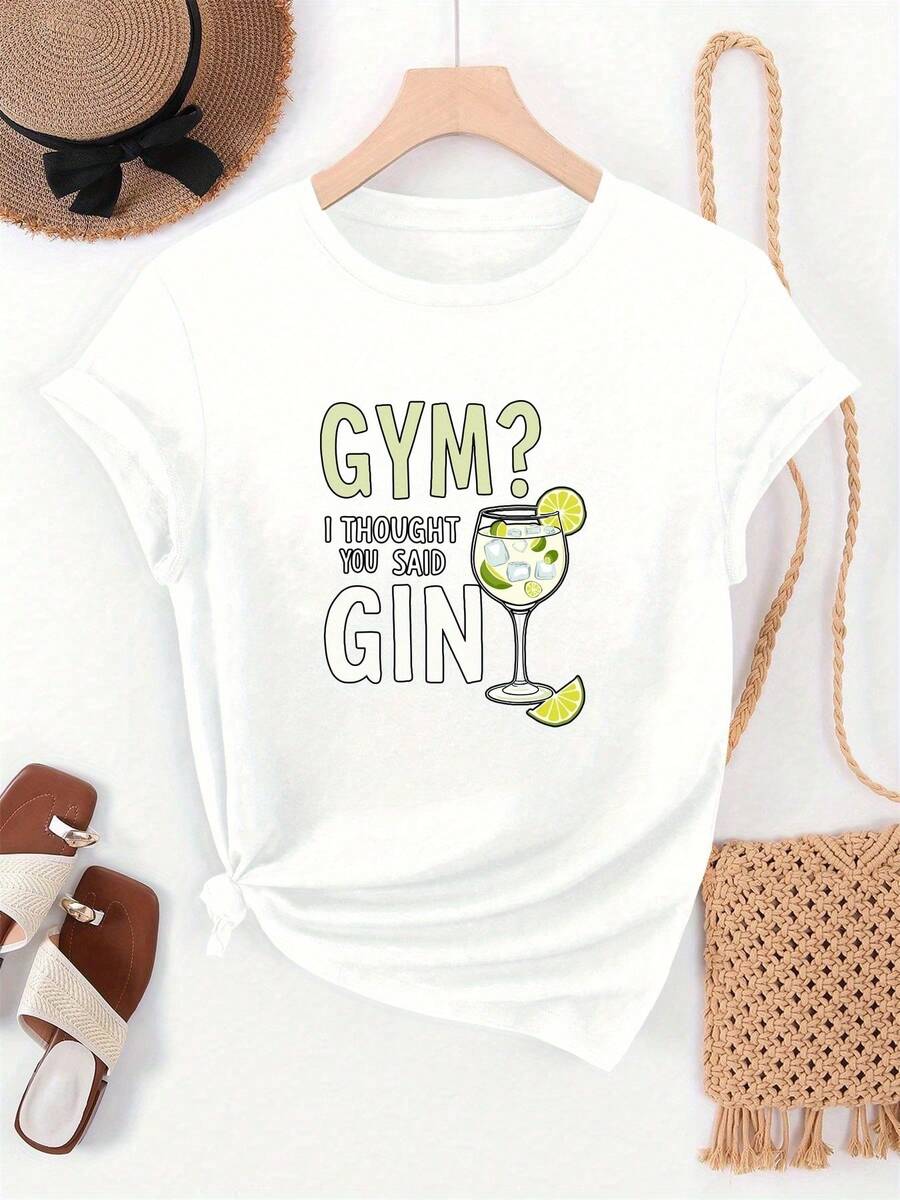 Camiseta de verano casual para mujer GYM_ I THOUGHT YOU SAID GIN con gráfico, cuello redondo y manga corta - Negro - Ver 1
