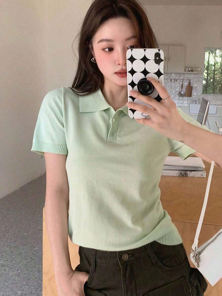 Blusa de punto de manga corta con contraste de rayas, casual de negocios - verde menta - Ver 1