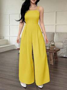 Mono informal de pierna ancha plisado de unicolor para mujer - Amarillo - Ver 1