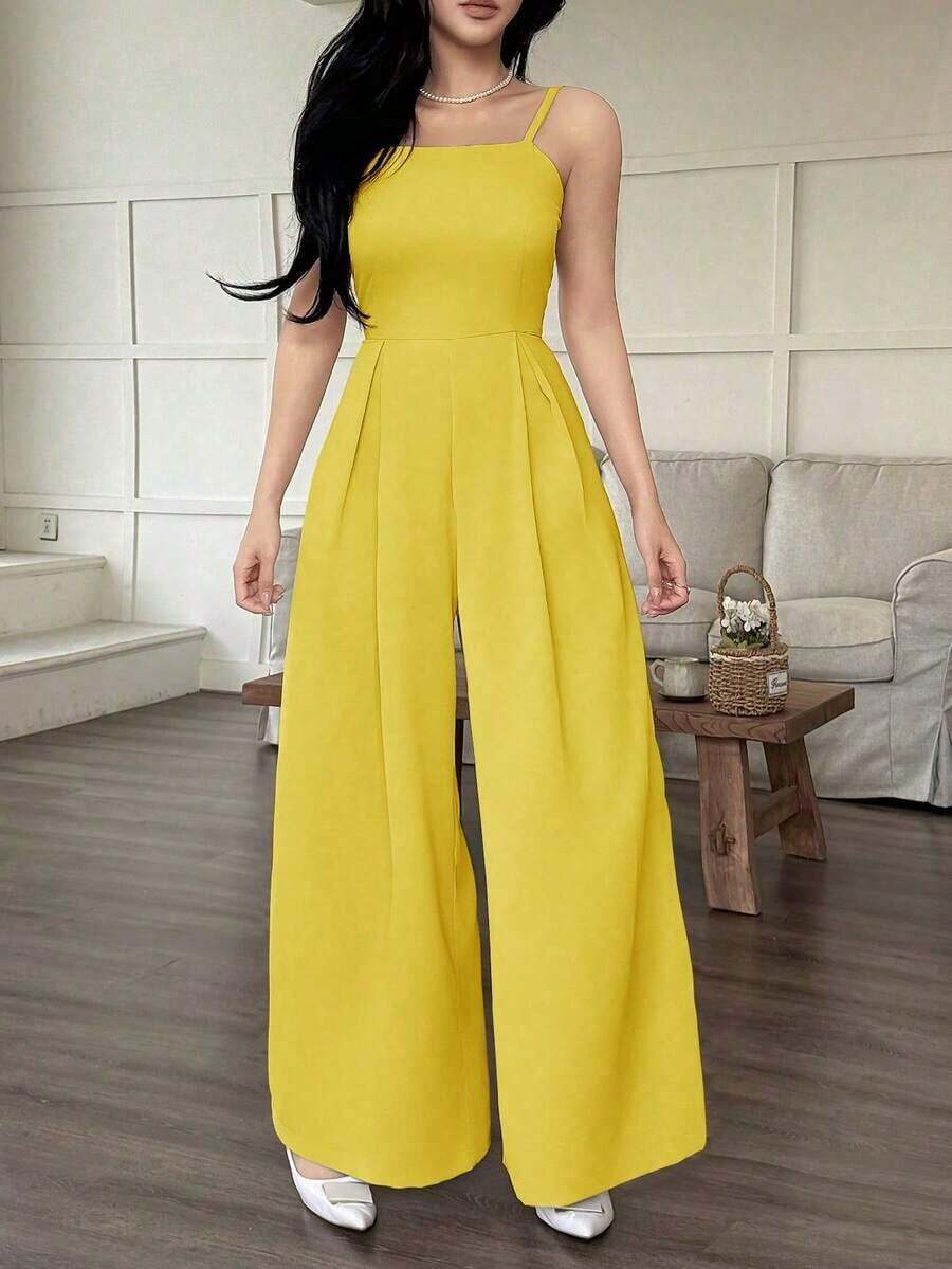 Mono informal de pierna ancha plisado de unicolor para mujer - Amarillo - Ver 1